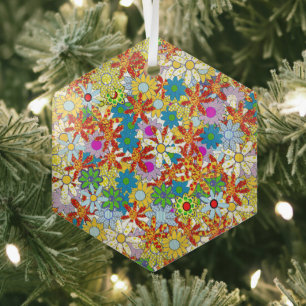 Modern Floral Pattern Bright Colours Glass Ornament