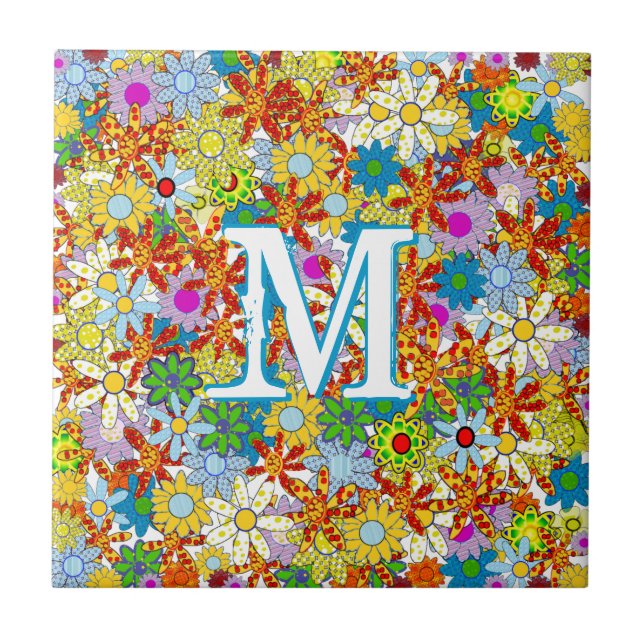 Modern Floral Pattern Bright Colours Tile (Front)