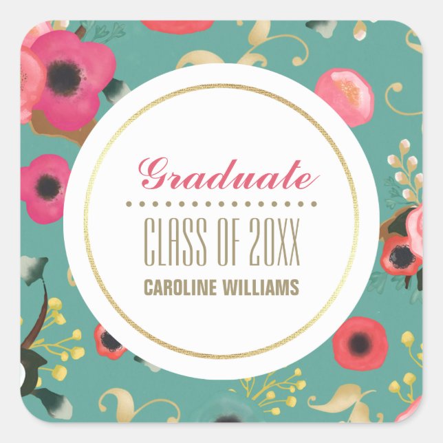 Modern Floral Pattern Custom Graduation  Square Sticker (Front)