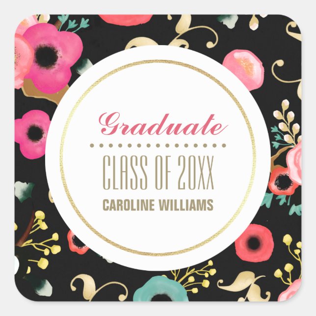 Modern Floral Pattern Custom Graduation  Square Sticker (Front)