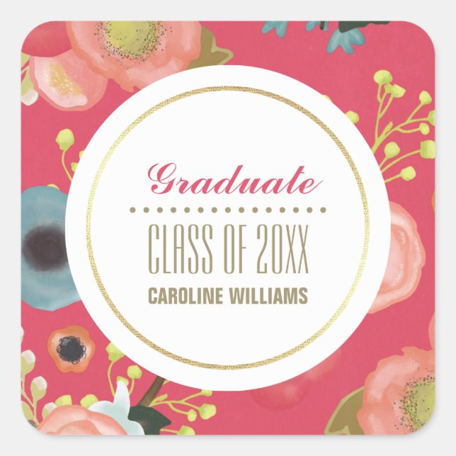 Modern Floral Pattern Custom Graduation  Square Sticker (Front)