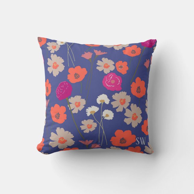 Modern Floral Pattern Gift For Her+Custom Initials Throw Pillow (Front)