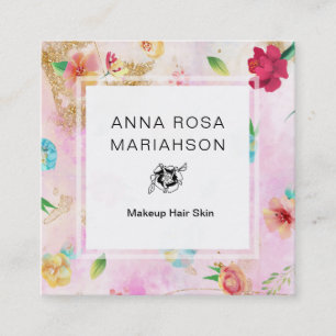 *~* Modern Floral Pattern Gold Glitter Pink Square Business Card