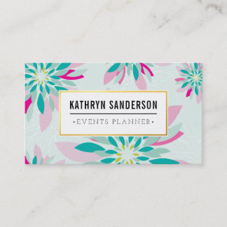 MODERN FLORAL PATTERN gold logo flower mint pink Business Card