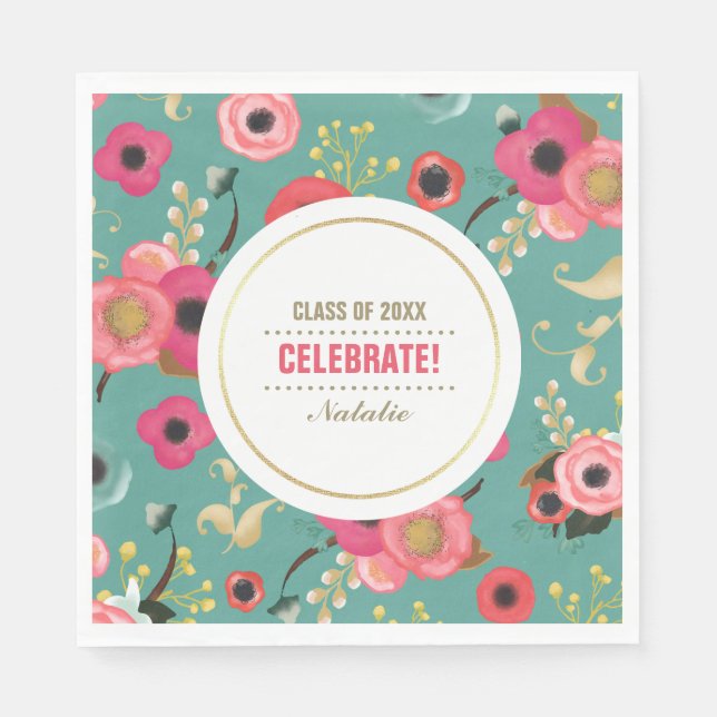 Modern Floral Pattern Graduation Party Paper Napkin (Front)