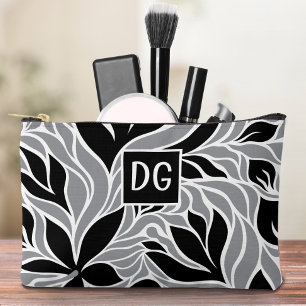 Modern Floral Pattern Monogram Black Grey White Accessory Pouch