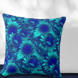Modern Floral Pattern   Turquoise & Blue Throw Pillow