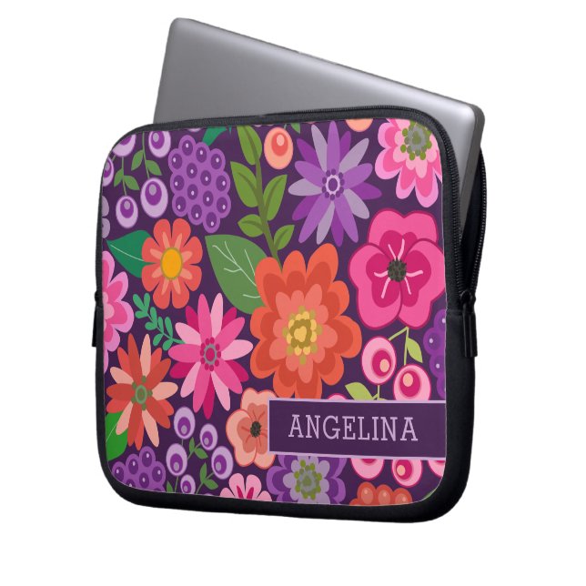 Modern Floral Pattern with Custom name or Monogram Laptop Sleeve (Front Left)