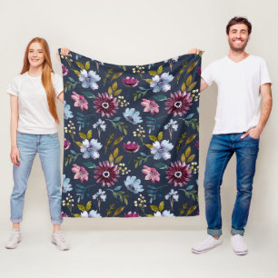 Modern floral pattern with navy blue background fleece blanket