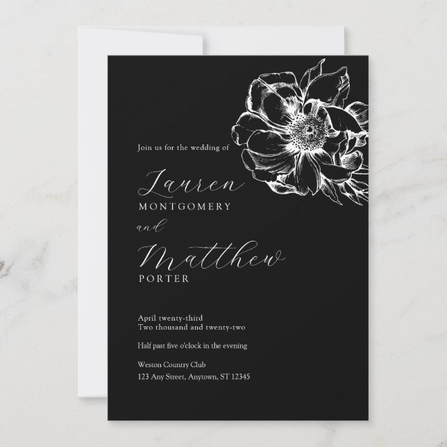 Modern Floral Peony Black and White Wedding Invitation (Front)
