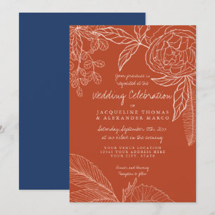 Modern Floral Peony Line Art Navy Orange Leaf Invitation
