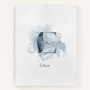 Modern Floral Personal Monogram Letter E Blue Gold Notebook