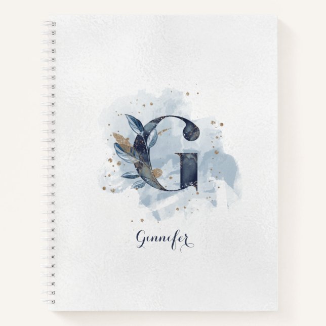 Modern Floral Personal Monogram Letter G Blue Gold Notebook (Front)