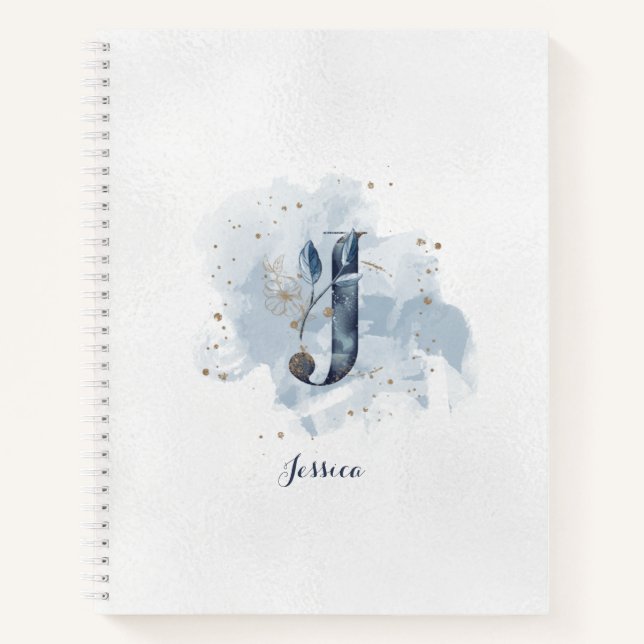 Modern Floral Personal Monogram Letter J Blue Gold Notebook (Front)