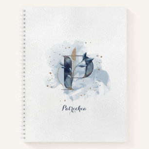 Modern Floral Personal Monogram Letter P Blue Gold Notebook
