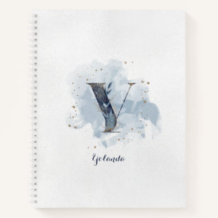 Modern Floral Personal Monogram Letter Y Blue Gold Notebook