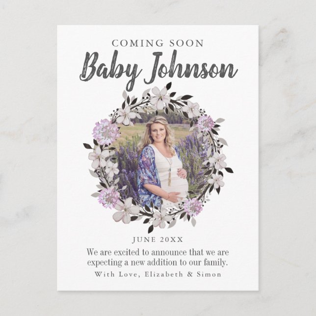 Modern Floral Photo Pregnancy Announcement Postcard (Front)
