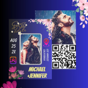 Modern Floral Photo QR Code Wedding Save the Date Invitation