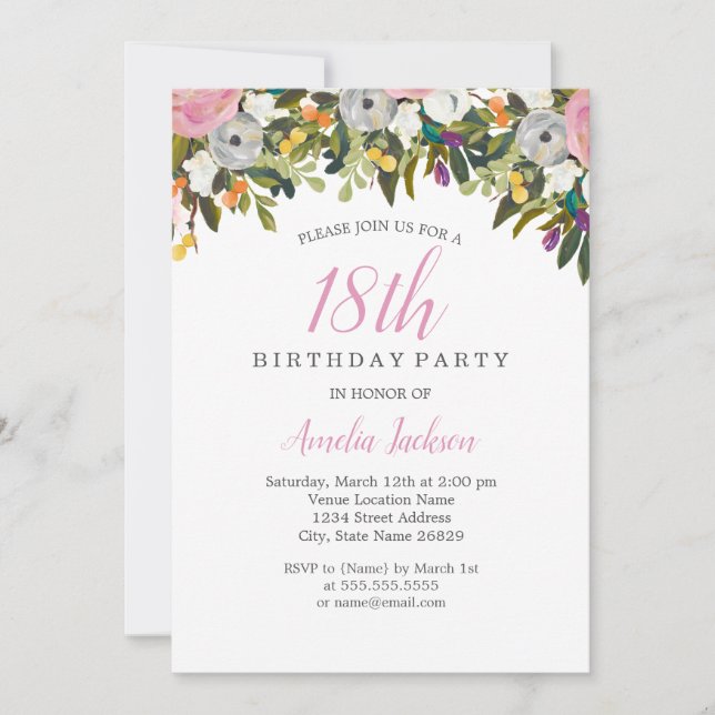 Modern Floral Pink 18th Birthday Invitation (Front)
