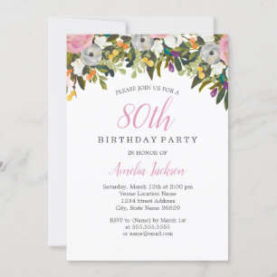 Modern Floral Pink 80th Birthday Invitation