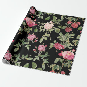 Modern Floral Pink Black Rose Wrapping Paper