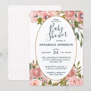 Modern Floral Pink Blush Gold Garden Baby Shower Invitation