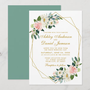 Modern Floral Pink Gold Geometric Frame Wedding G Invitation