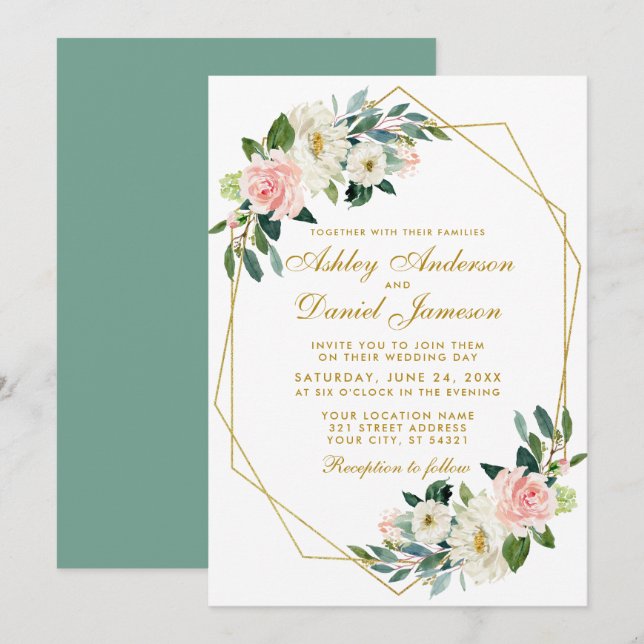 Modern Floral Pink Gold Geometric Frame Wedding G Invitation (Front/Back)