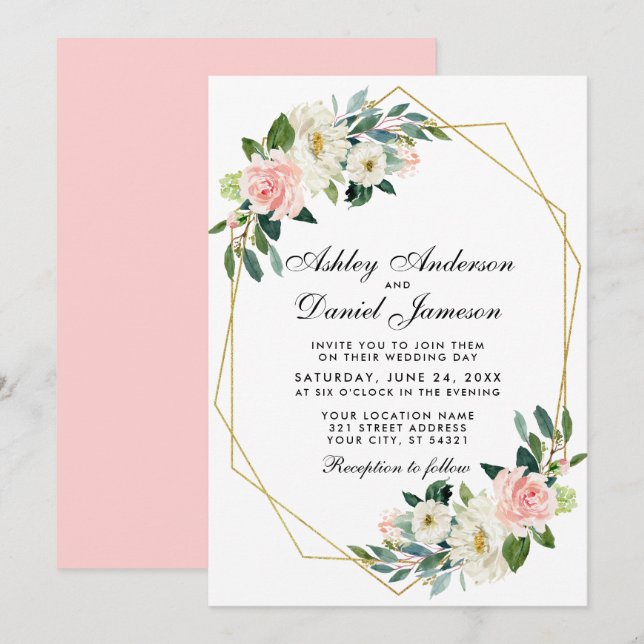 Modern Floral Pink Gold Geometric Frame Wedding Pk Invitation (Front/Back)
