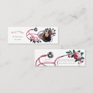 Modern Floral Pink Roses Stethoscope Graduate Name Mini Business Card