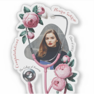 Modern Floral Pink Roses Stethoscope Graduation 