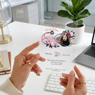 Modern Floral Pink Roses Stethoscope Graduation Acrylic Invitations