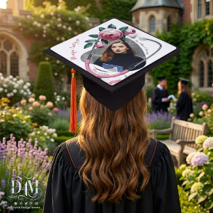 Modern Floral Pink Roses Stethoscope Graduation Cap Topper