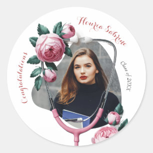 Modern Floral Pink Roses Stethoscope Graduation  Classic Round Sticker
