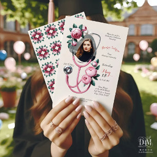 Modern Floral Pink Roses Stethoscope Graduation  Invitation