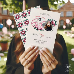 Modern Floral Pink Roses Stethoscope Graduation  Invitation