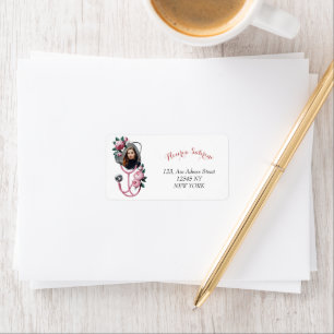 Modern Floral Pink Roses Stethoscope Graduation  Label