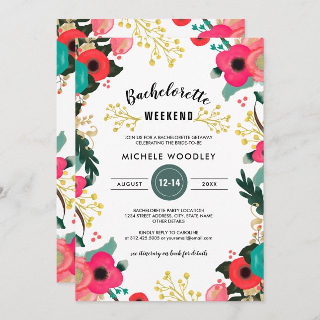 Modern Floral Pink Teal Bachelorette Weekend Invitation (Front/Back)