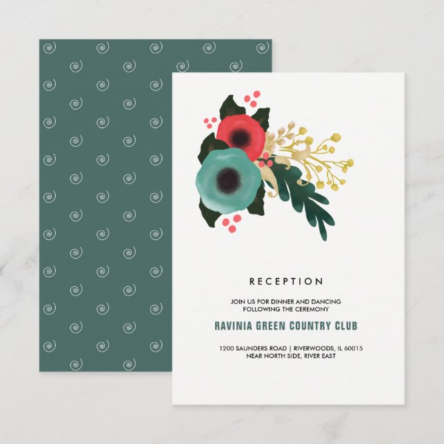 Modern Floral Pink Teal Wedding Reception Cards (Front/Back)