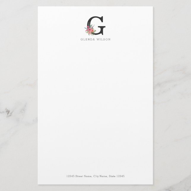 Modern Floral Pink Watercolor Rose Monogram Stationery (Front)