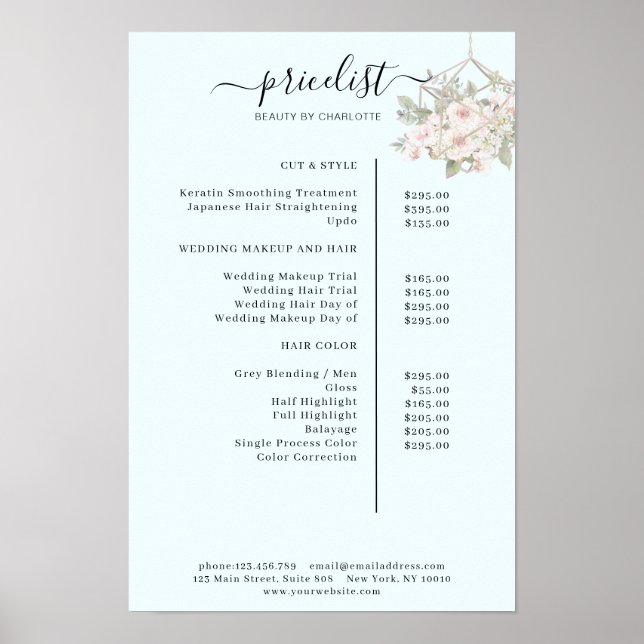 Modern, floral price list Poster (Front)