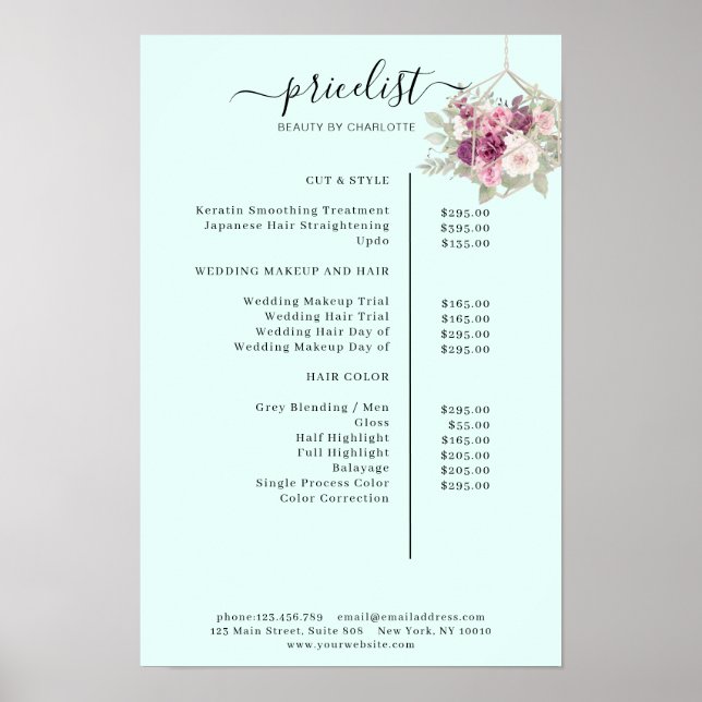 Modern, floral price list Poster (Front)