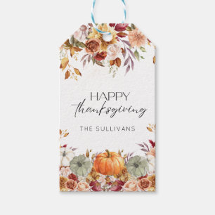 Modern Floral Pumpkin Rustic Happy Thanksgiving  Gift Tags