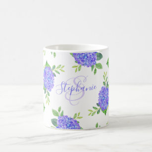 Modern Floral Purple Hydrangea Watercolor Monogram Coffee Mug