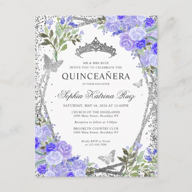 Modern Floral Purple Silver Grey Tiara Quinceañera Postcard (Front)