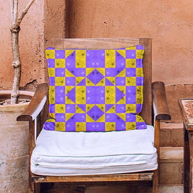 Modern Floral purple & yellow Chequerboard pattern Throw Pillow (Creator Uploaded)