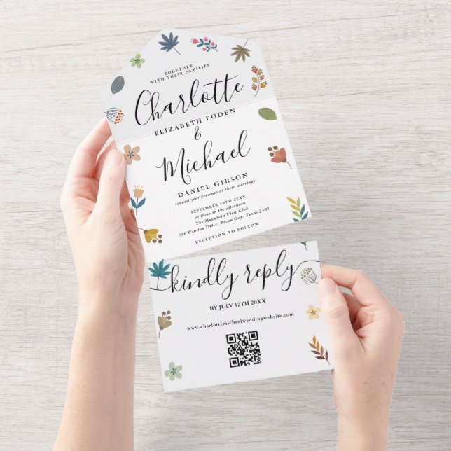 Modern Floral QR Code Signature Script Wedding All In One Invitation (Tearaway)