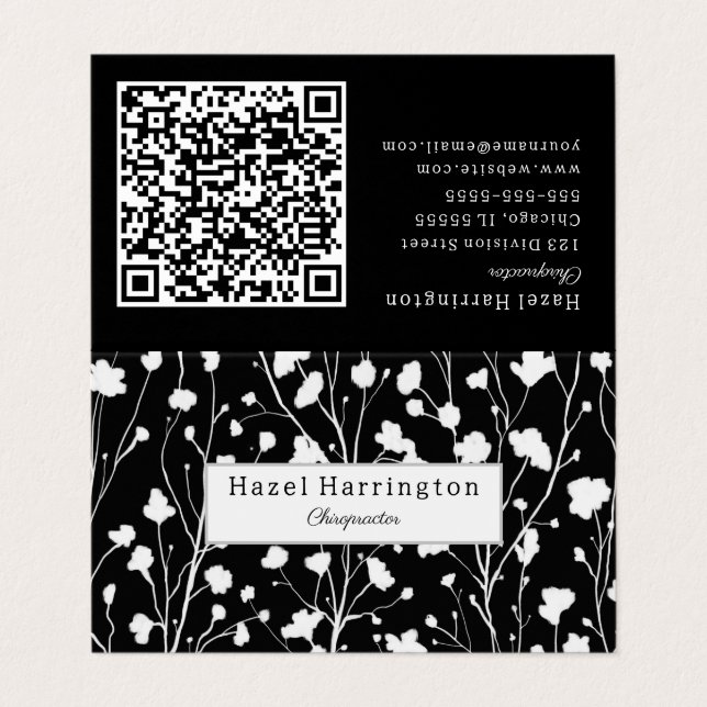 Modern Floral QR Folded Business Card Black White (Outside Unfolded)