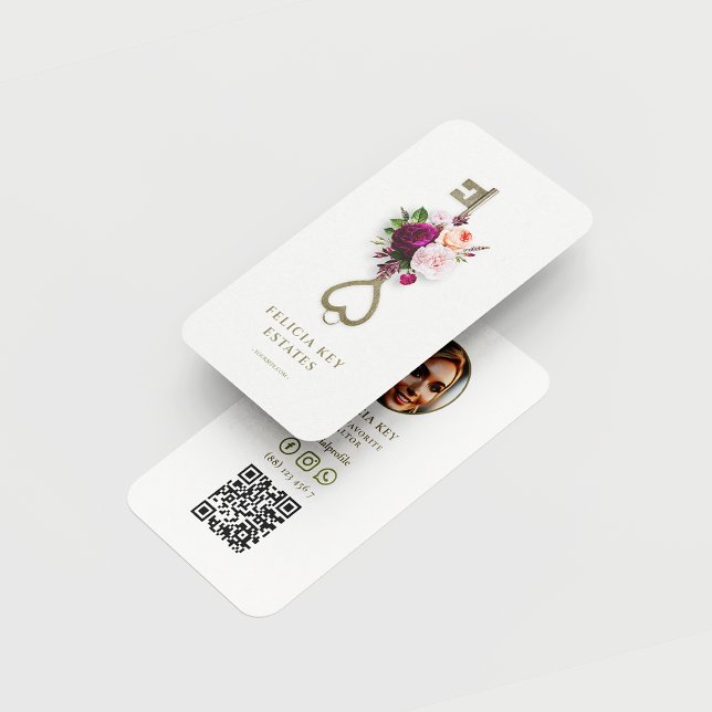 Modern Floral Real Estate Agent Realtor White  Business Card (Creator Uploaded)