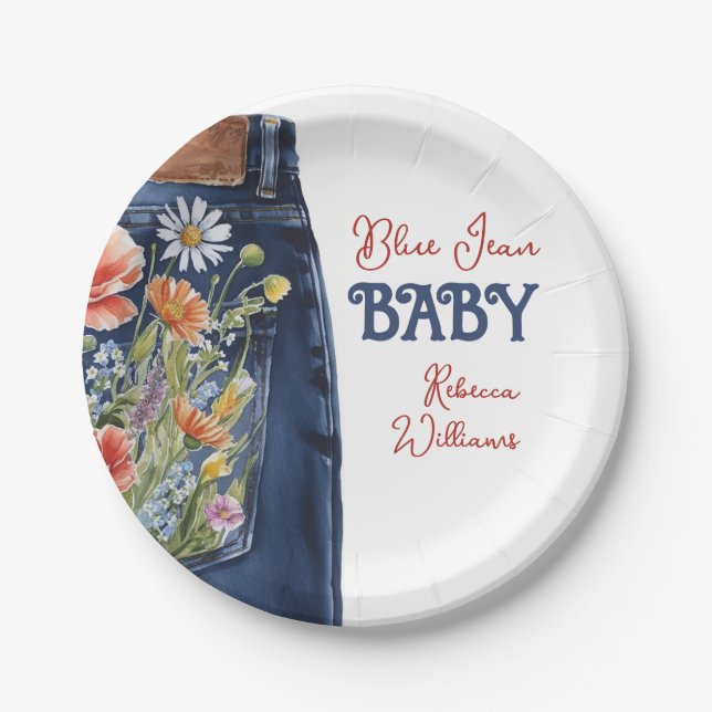 Modern Floral Red Blue Denim Blue Jean Baby Shower Paper Plate (Front)
